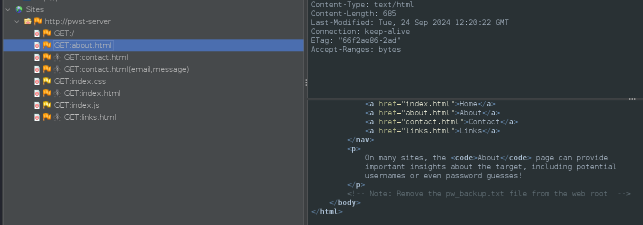 screenshot of about.html source code with a comment pointing to a password backup file