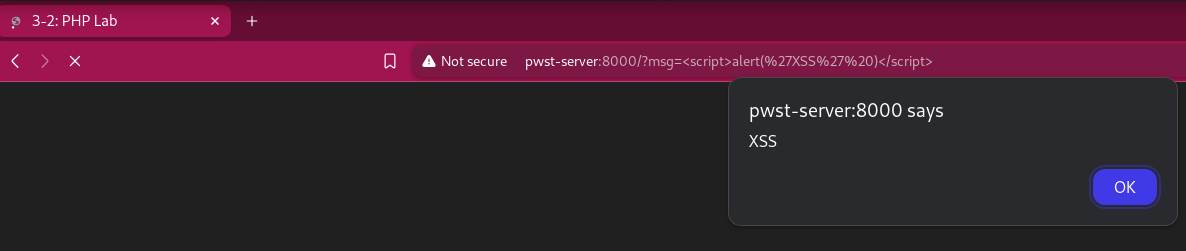 screenshot of arbitrary HTML injection with a JavaScript alert