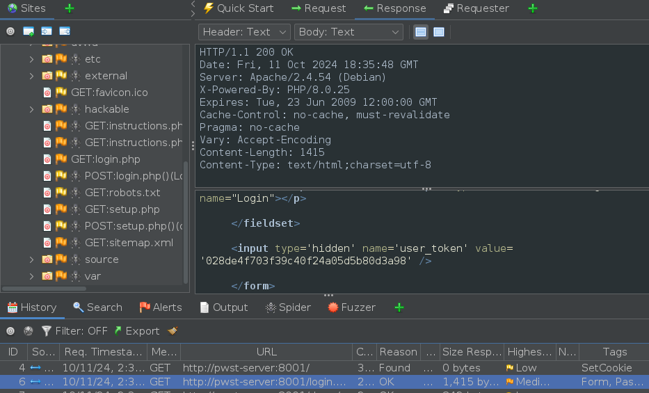 screenshot of the user token in the HTML response of a /login.php page
