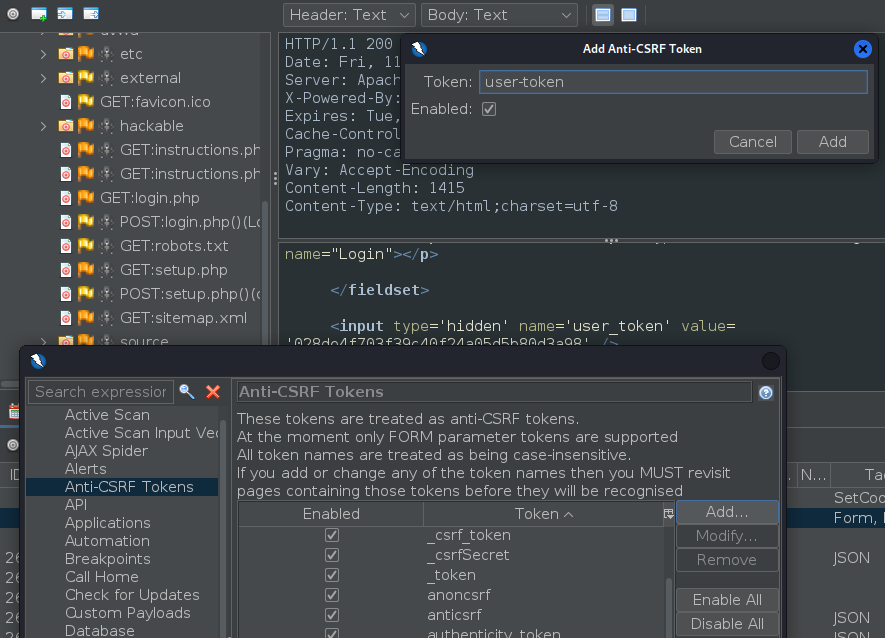 screenshot of ZAP option for Anti-CSRF