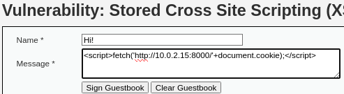 Stored XSS with fetch to catch a cookie