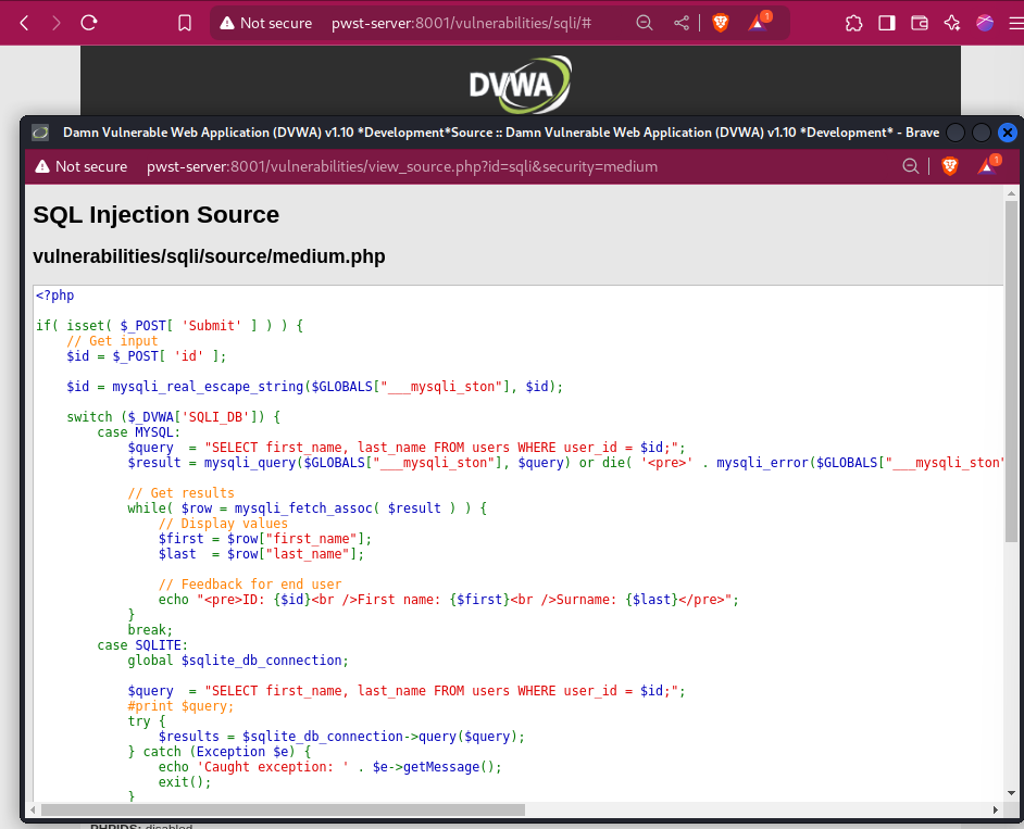 Source code SQLI injection mysqli_query