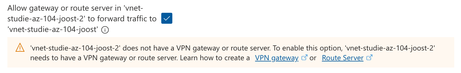 screenshot of the Azure portal configuring traffic forwarding in a vNet peering