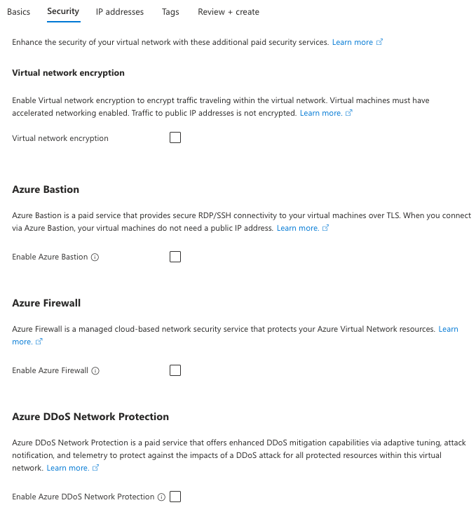 Azure-portal screenshot for vNet settings