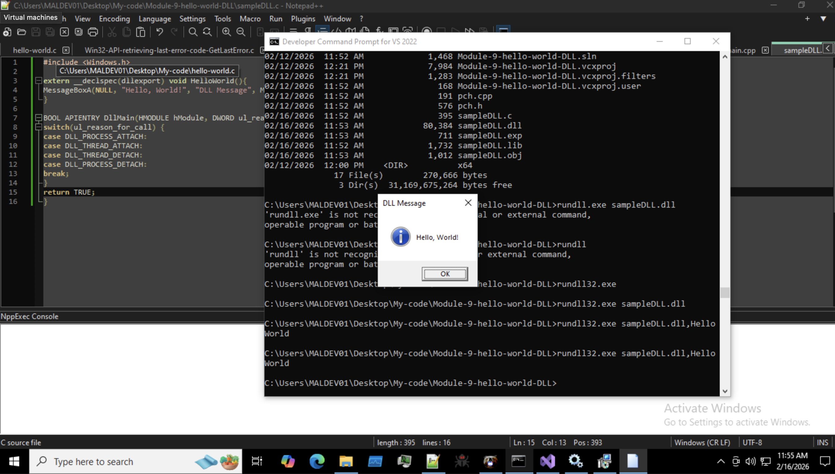 screenshot on successfully compiling SampleDLL.dll