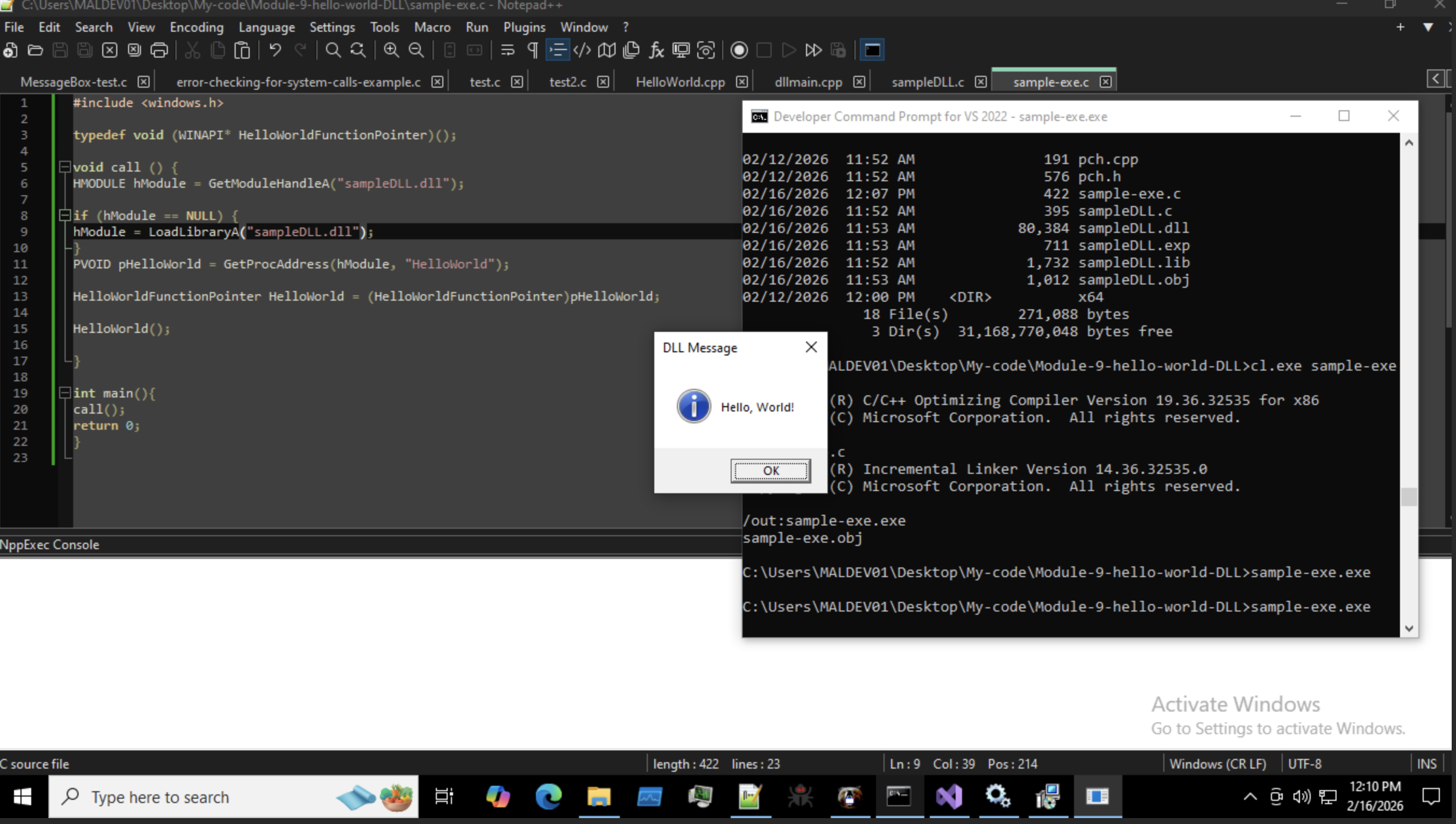 Screenshot Maldev Academy VM sample code exporting DLL functions